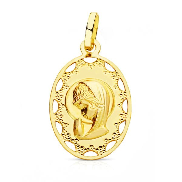 18K MEDALLA VIRGEN NIÑA OVAL CERCO CALADO 23X14 MM