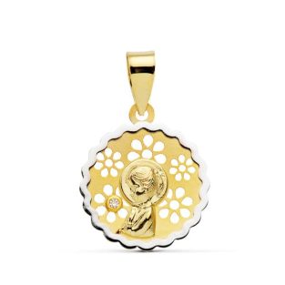 18K MEDALLA VIRGEN NIÑA BICOLOR 15 MM CIRCONITA