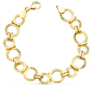 18K PULSERA ORO BICOLOR ESLABONES TALLADOS. ANCHO 13 MM LARGO 19.5CM