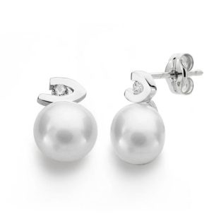 18K PENDIENTES PERLA CIRCONITAS 12X7 MM