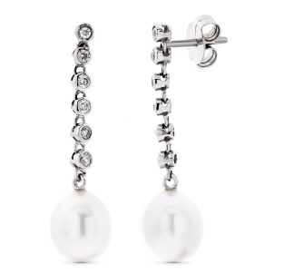 18K PENDIENTES ORO BLANCO LARGOS CON CIRCONITAS Y PERLA CIERRE PRESION