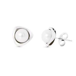18K PENDIENTES ORO BLANCO PERLA TRIANGULO 9X9 MM CIERRE PRESION