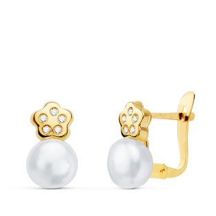 18K PENDIENTES ORO AMARILLO TU Y YO FLOR Y PERLAS 11 X 6 MM. CIERRE CATALAN