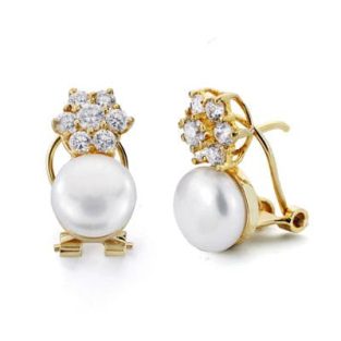 18K PENDIENTES PERLA Y CIRCONITAS OMEGA15X8 MM
