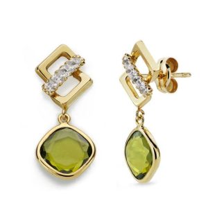 9K PENDIENTES PIEDRA VERDE Y CIRCONITAS 23X10 MM