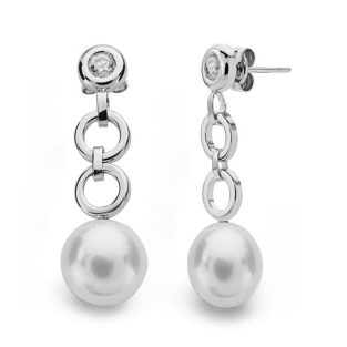 18K PENDIENTES ORO BLANCO PERLA CIRCONITA 29X9 MM