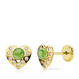 18K PENDIENTES ORO AMARILLO CORAZON PIEDRA VERDE Y CIRCONITAS ROSCA