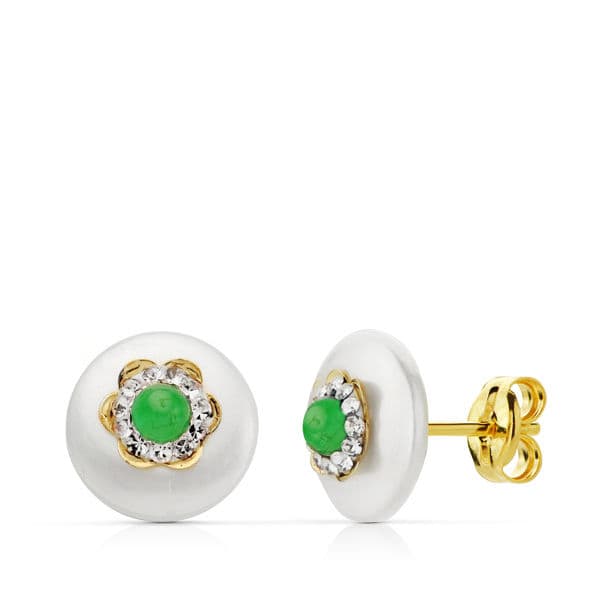 18K PENDIENTES ORO AMARILLO NACAR 9 MM PIEDRA VERDE 3 MM