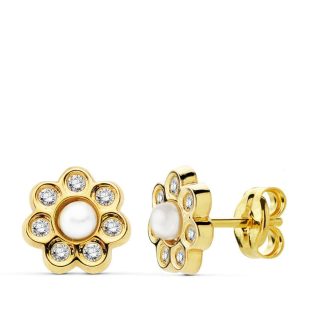 18K PENDIENTES ORO AMARILLO FLOR 7 MM PERLITA Y CIRCONITAS