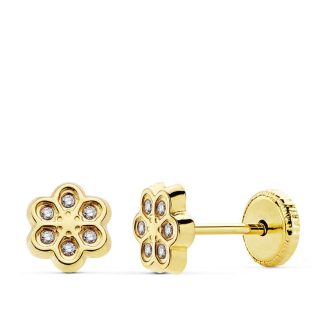 18K PENDIENTES ORO AMARILLO FLOR CIRCONITAS 6.5 MMROSCA