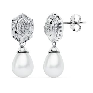 18K PENDIENTES PERLA ORO BLANCO CIRCONITAS PRESION