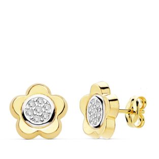 18K PENDIENTES ORO BICOLOR FLOR CIRCONITAS 10 MM