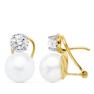 18K PENDIENTES BICOLOR PERLA BOTON 9.5 MM