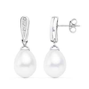18K PENDIENTES ORO BLANCO DE NOVIA CON PERLA 24X9 MM CIERRE PRESION