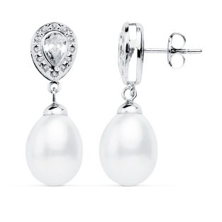 18K PENDIENTES ORO BLANCO PERLA 27X9 MM