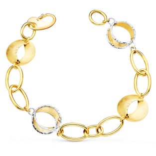 18K PULSERA ORO BICOLOR ESLABONES OVALES Y MOTIVOS REDONDOS RAYADOS. 20 CM