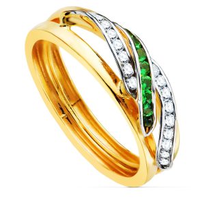 18K SORTIJA ORO BICOLOR BANDAS Y CIRCONITAS BLANCAS Y VERDES. ANCHO CUERPO 6 MM