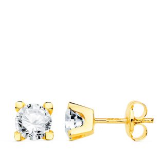 18K PENDIENTES ORO AMARILLO CIRCONITAS 5 MM 4 GARRAS CIERRE PRESION