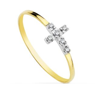 18K SORTIJA CRUZ BICOLOR CIRCONITAS