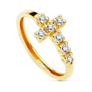 9K SORTIJA ORO AMARILLO CON CRUZ DE 7 CIRCONITAS ANCHO CUERPO 2 MM