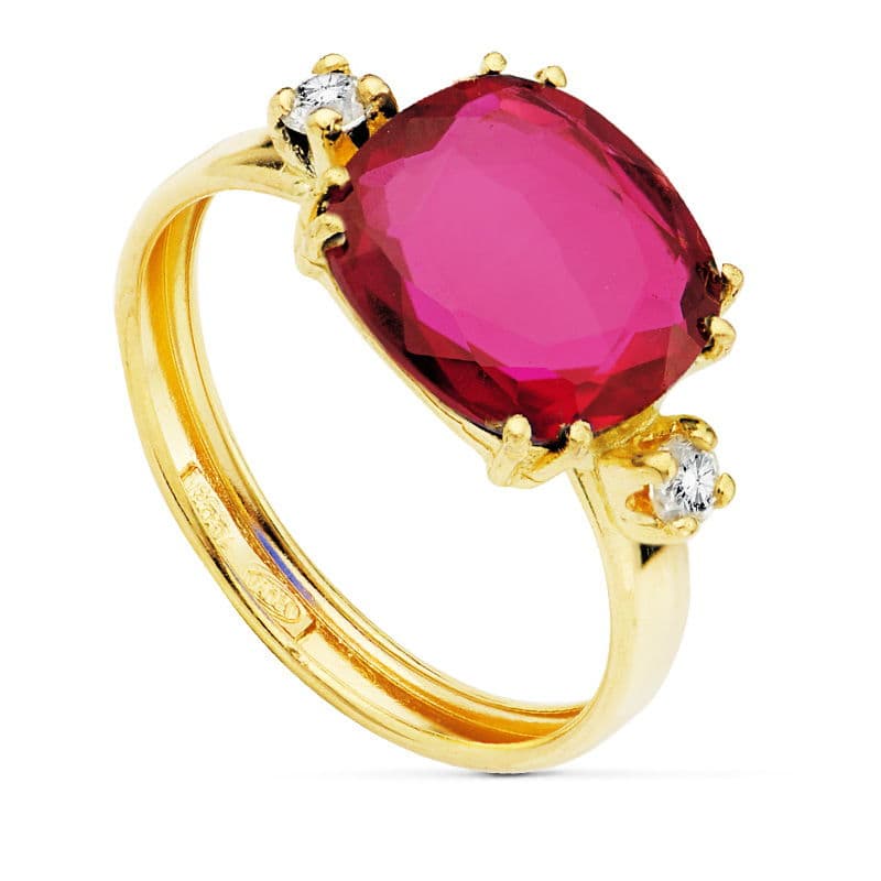 18K SORTIJA PIEDRA ROJA 10X10 MM 2 CIRCONITAS