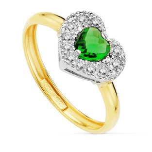 9K SORTIJA PIEDRA VERDE CORAZON 5 MM CIRCONITAS
