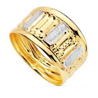 9K SORTIJA BICOLOR TALLADA ANCHO 10 MM