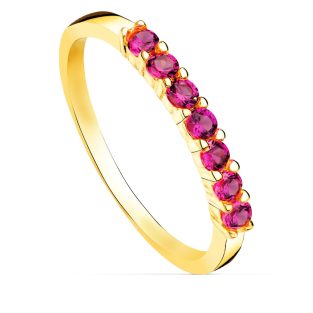 18K SORTIJA ORO AMARILLO 7 CIRCONITAS ROJAS GARRAS ANCHO CUERPO 2 MM