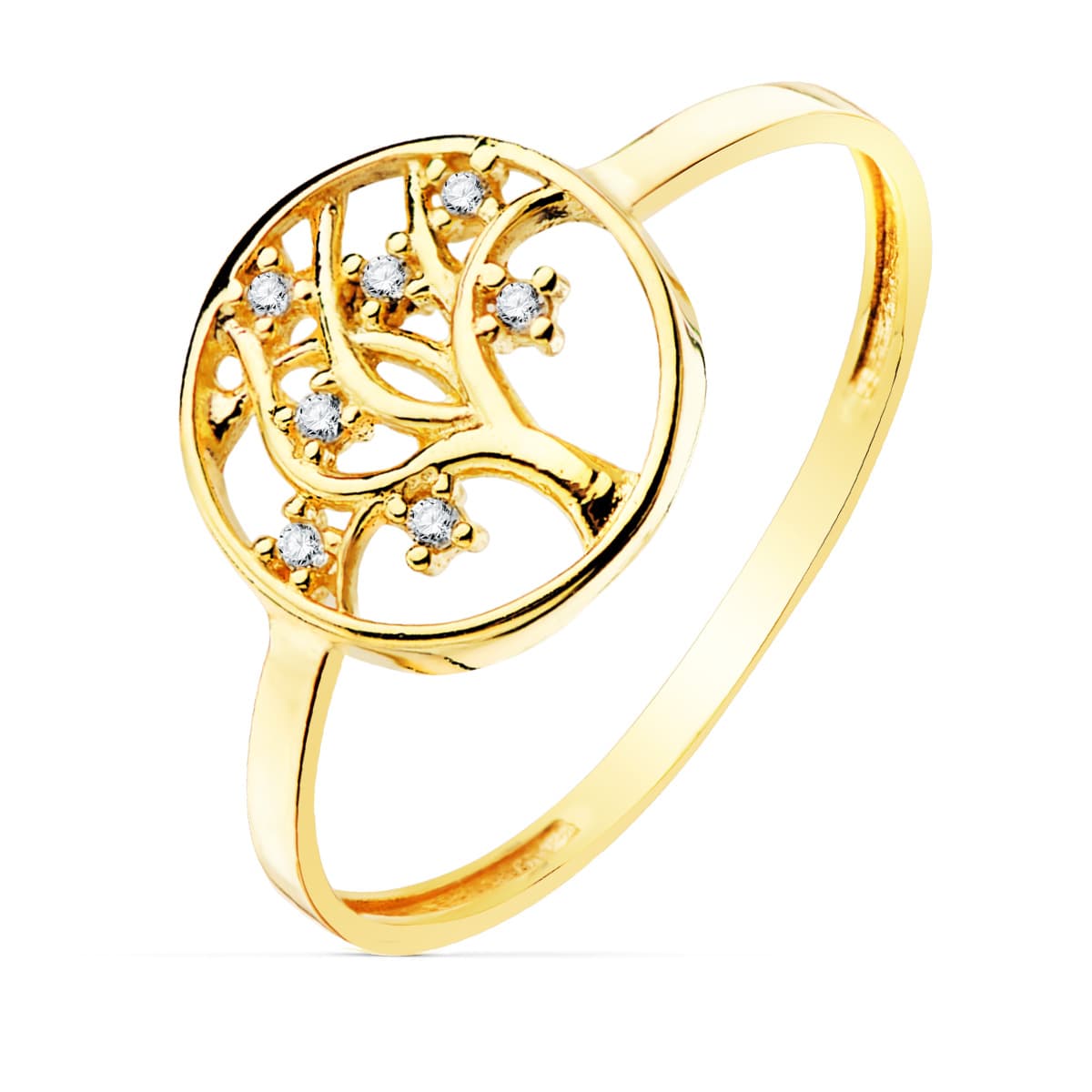 18K SORTIJA ORO AMARILLO ARBOL DE LA VIDA CIRCONITAS 10 MM ANCHO CUERPO 1.2 MM