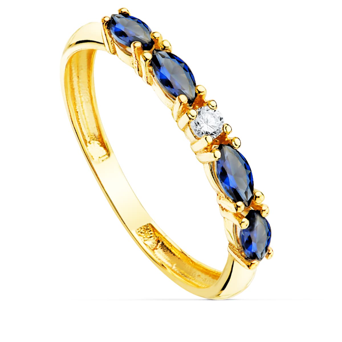 18K SORTIJA ORO AMARILLO 4 CIRCONITAS AZULES TALLA MARQUISE ANCHO 2 MM