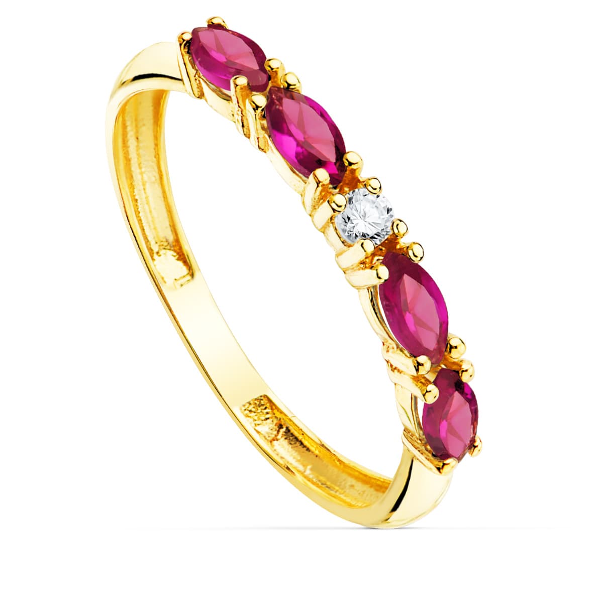 18K SORTIJA ORO AMARILLO 4 CIRCONITAS ROJAS TALLA MARQUISE ANCHO 2 MM