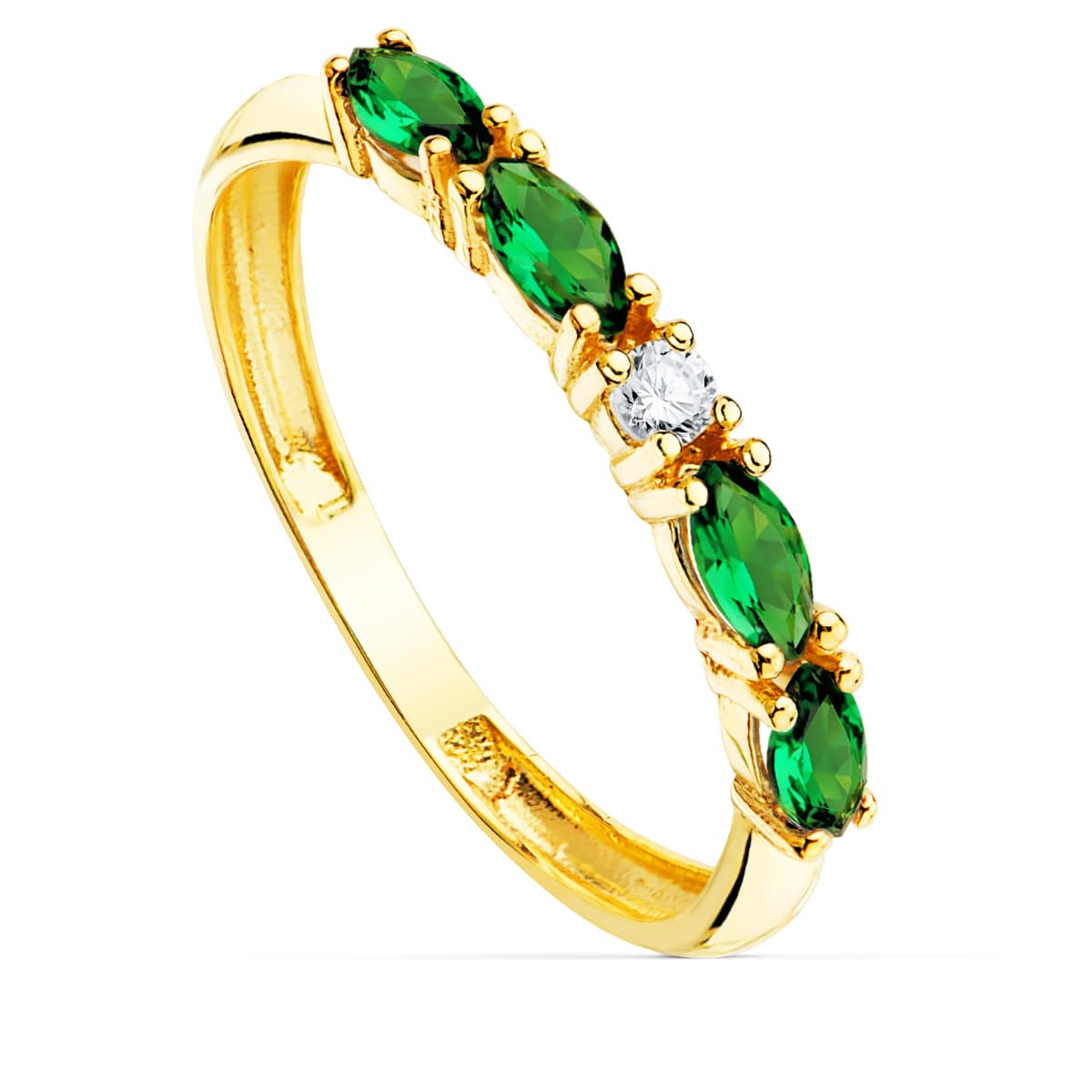 18K SORTIJA ORO AMARILLO 4 CIRCONITAS VERDES TALLA MARQUISE ANCHO 2 MM