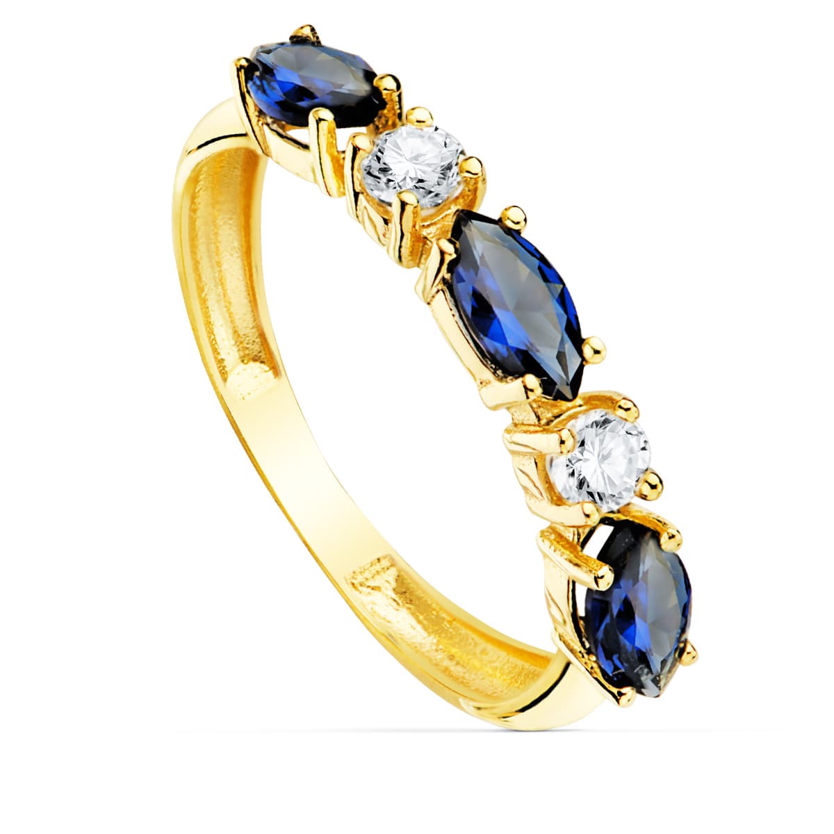 18K SORTIJA ORO AMARILLO 3 CIRCONITAS AZULES TALLA MARQUISE ANCHO 3 MM