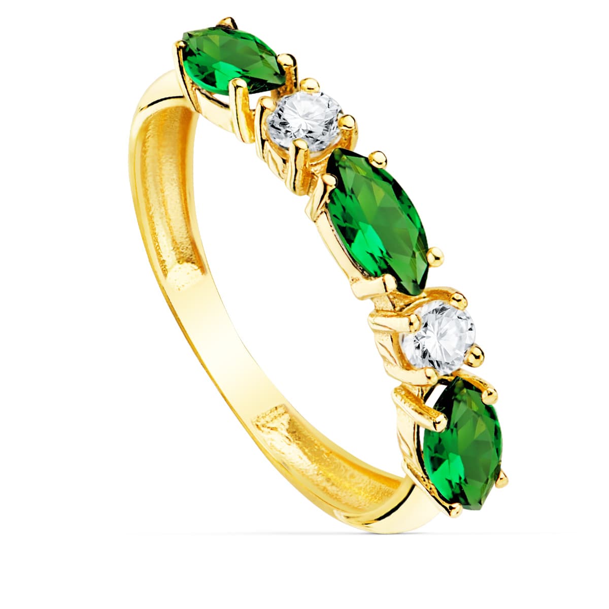 18K SORTIJA ORO AMARILLO 3 CIRCONITAS VERDES TALLA MARQUISE ANCHO 3 MM