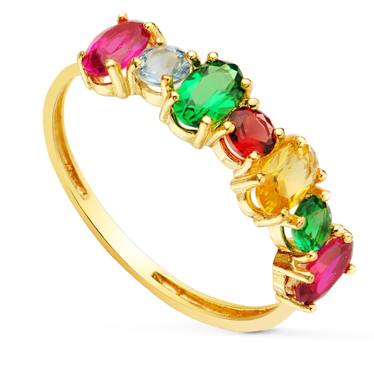 18K SORTIJA ORO AMARILLO 7 CIRCONITAS DE COLORES EN GARRAS TALLA OVAL Y REDONDA