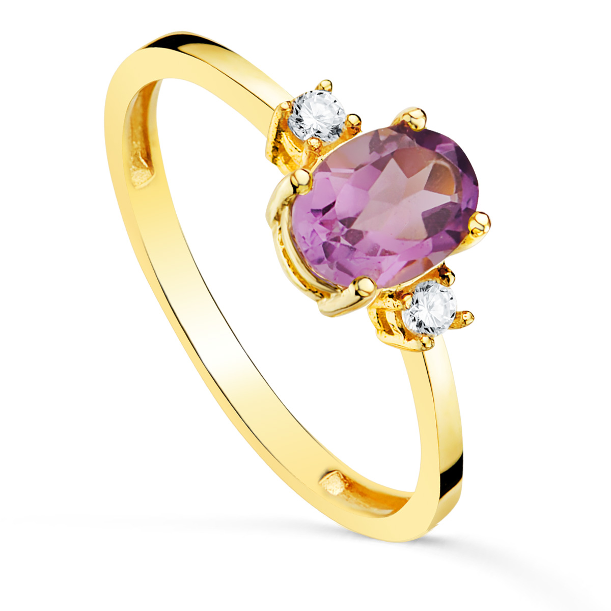 18K SORTIJA ORO AMARILLO PIEDRA AMATISTA 7 X 5MM Y CIRCONITAS LATERALES