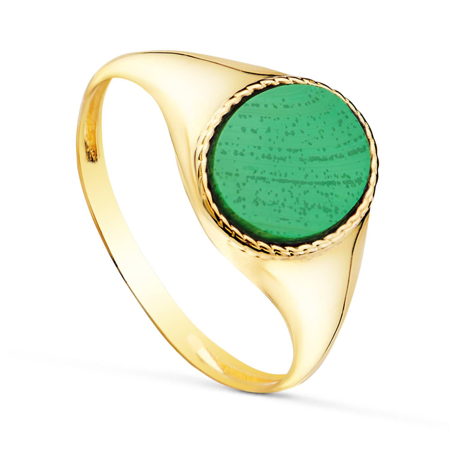 18K SELLO ORO AMARILLO BRILLO CON PIEDRA OVAL MALAQUITA 10 X 8 MM .