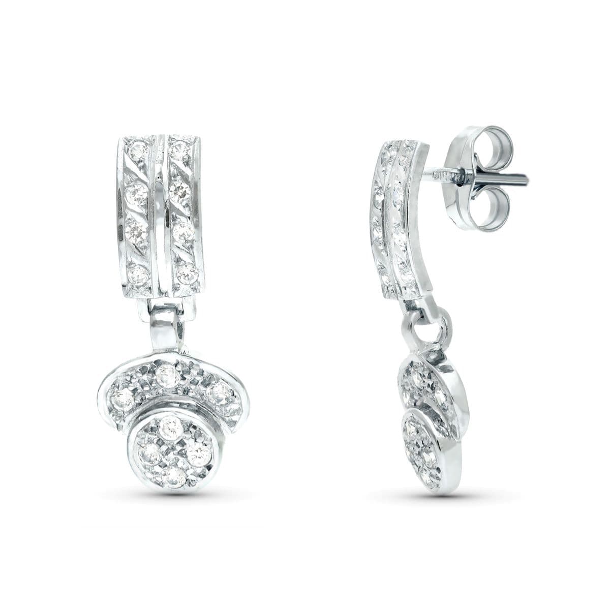 18K PENDIENTES ORO BLANCO JUEGO NOVIA DOS CUERPOS CIRCONITAS 20X9 MM PRESION