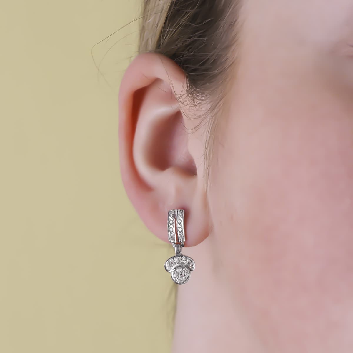 18K PENDIENTES ORO BLANCO JUEGO NOVIA DOS CUERPOS CIRCONITAS 20X9 MM PRESION - Imagen 2