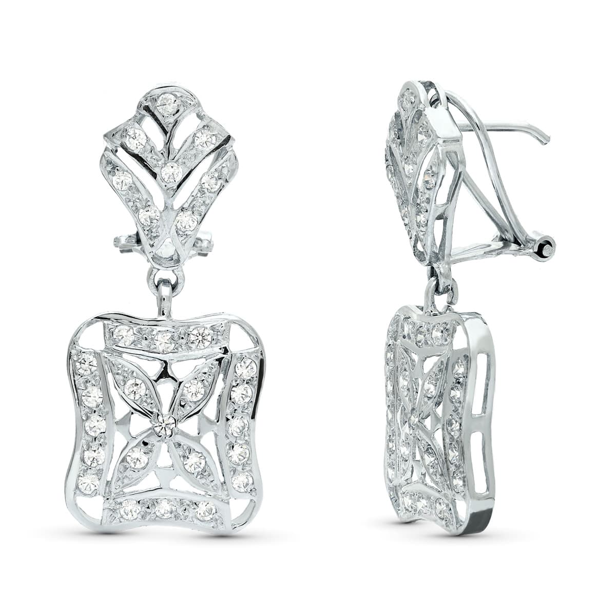 18K PENDIENTES ORO BLANCO JUEGO NOVIA DOBLE CUERPO 33X14 MM CIERRE OMEGA