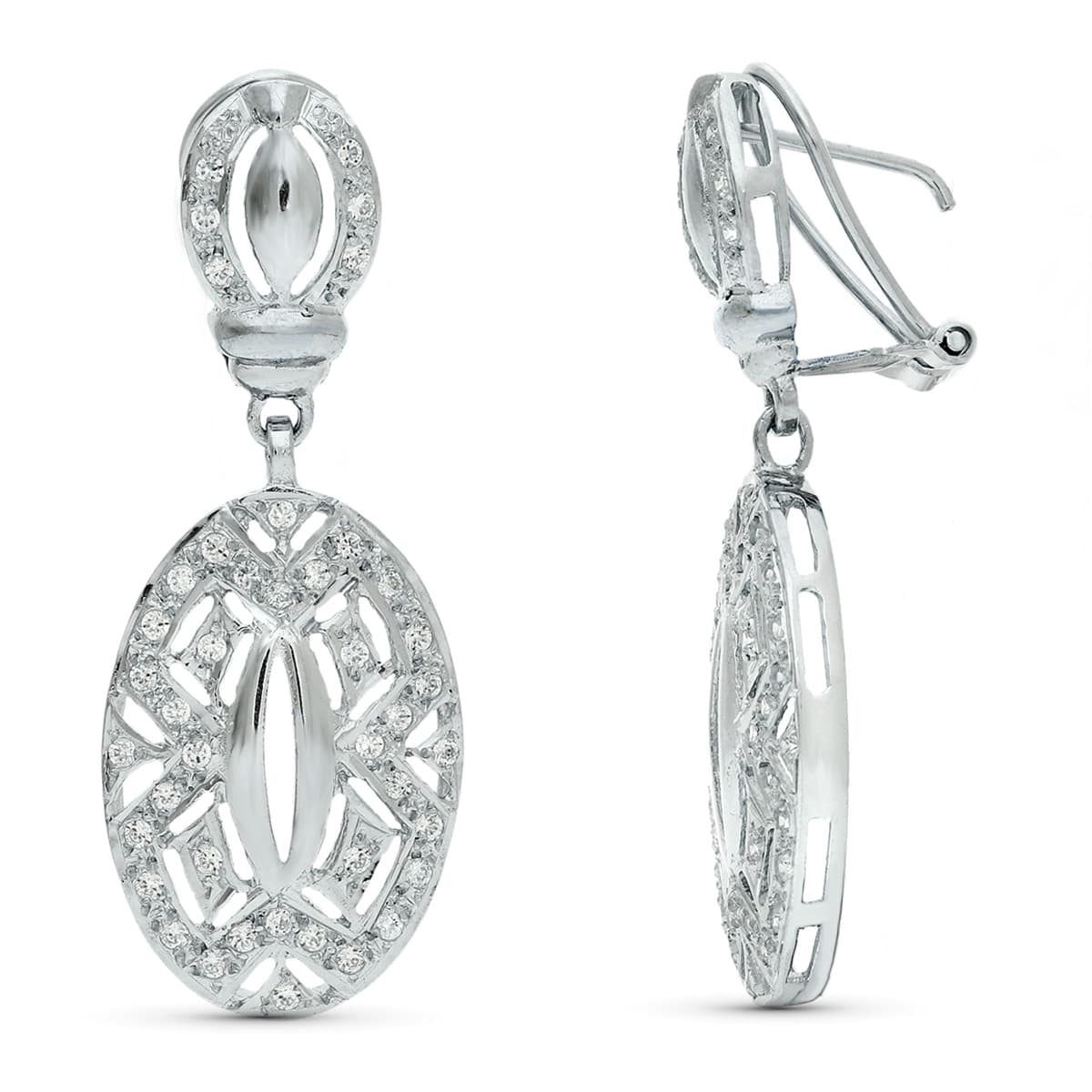 18K PENDIENTES ORO BLANCO JUEGO NOVIA CIRCONITAS 40X16 MM CIERRE OMEGA