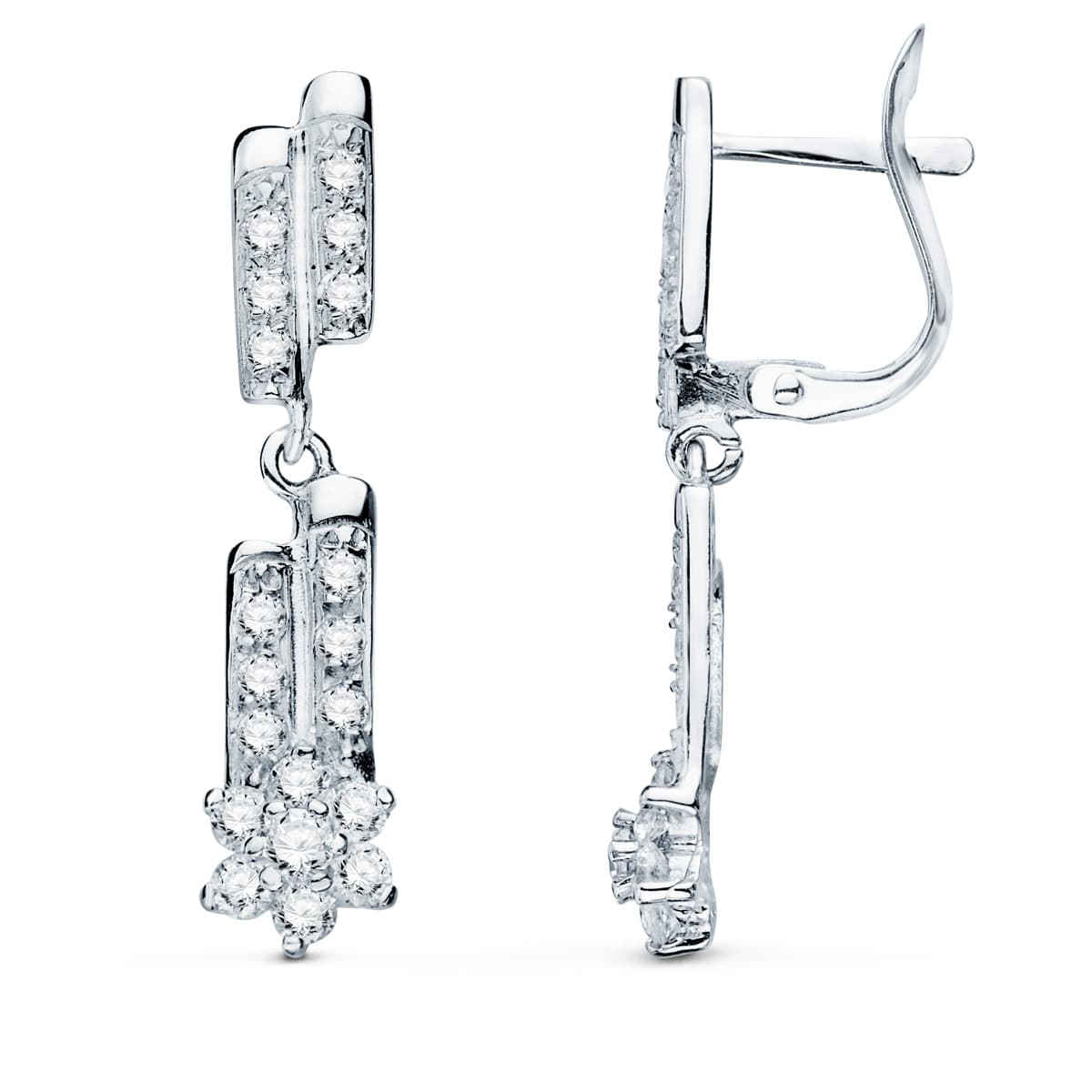 18K PENDIENTES ORO BLANCO LARGOS CUAJOS Y CIRCONITAS 28X6 MM CIERRE CATALAN