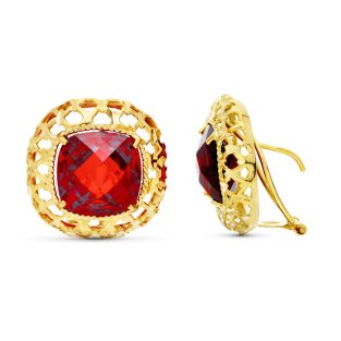 18K PENDIENTES ORO AMARILL GRANATE BRIOLET 11X11 MM TOTAL 20X20 MM CIERRE OMEGA