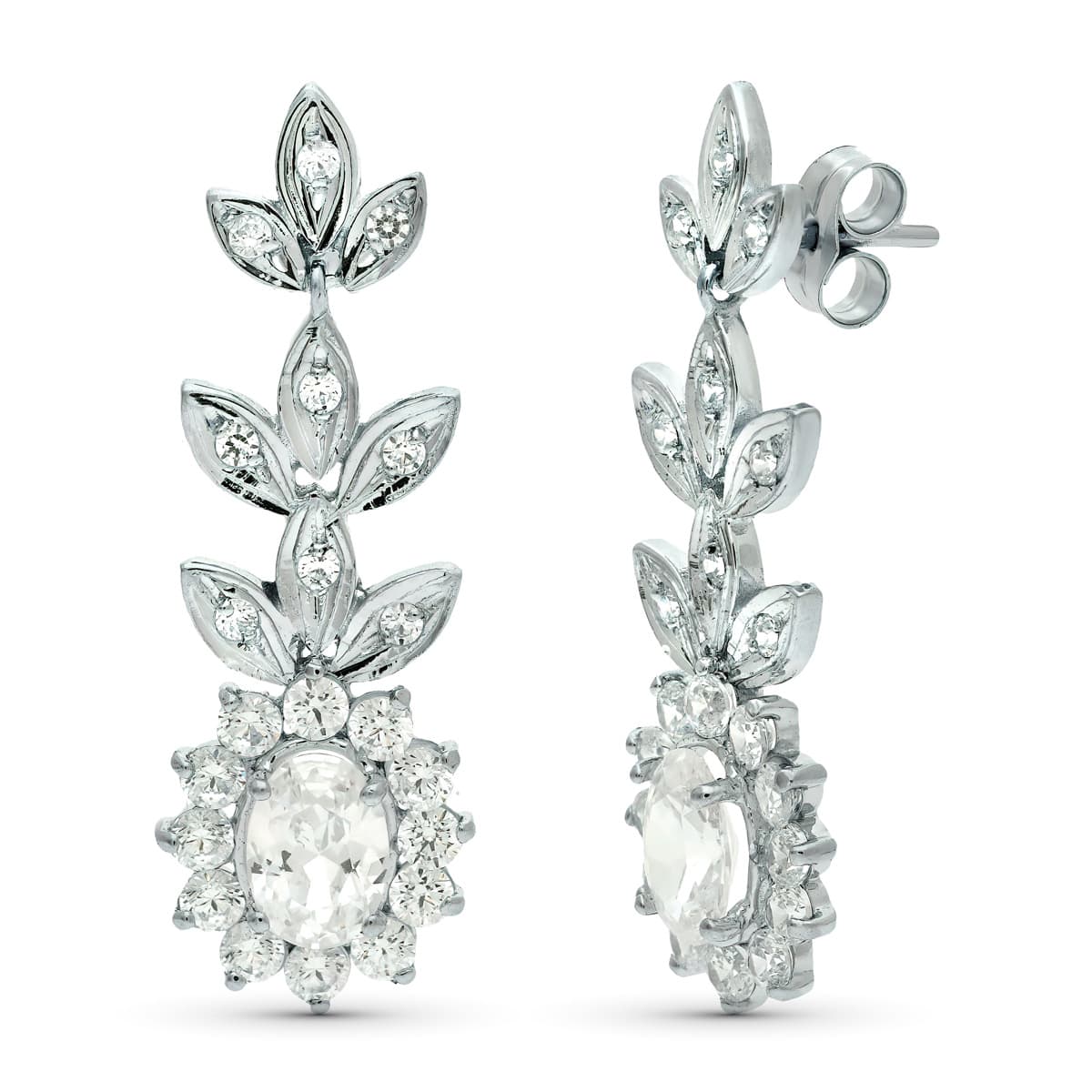 18K PENDIENTES ORO BLANCO JUEGO NOVIA CIRCONITA 8X6 MM TOTAL 33X11 MM PRESION