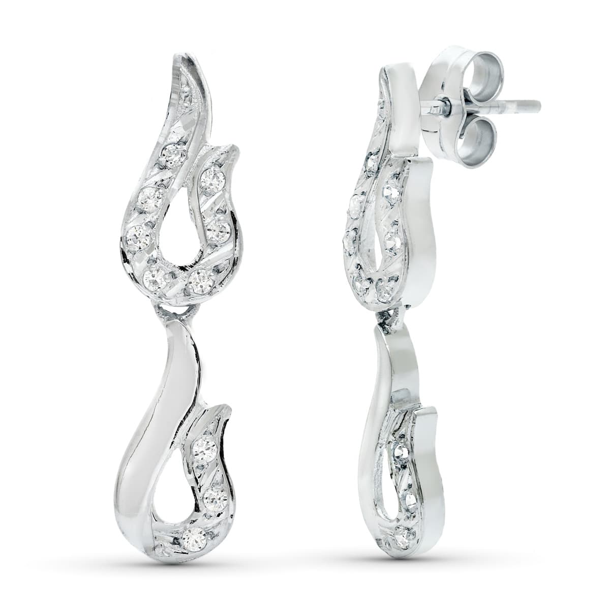 18K PENDIENTES ORO BLANCO JUEGO NOVIA DOBLE CUERPO CIRCONITAS 26X7 MM PRESION