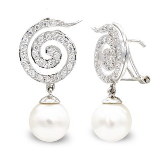 18K PENDIENTES ORO BLANCO LARGOS Y PERLA 10 MM