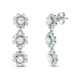 18K PENDIENTES ORO BLANCO JUEGO NOVIA LARGOS TRES CUAJOS 25X8 MM PRESION