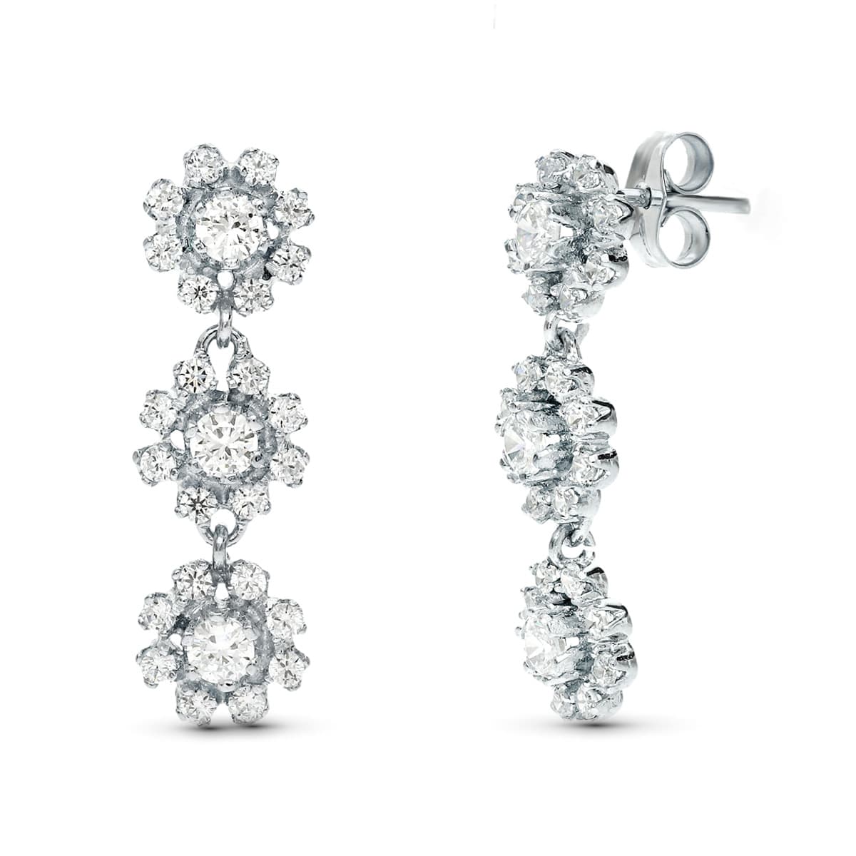 18K PENDIENTES ORO BLANCO JUEGO NOVIA LARGOS TRES CUAJOS 25X8 MM PRESION