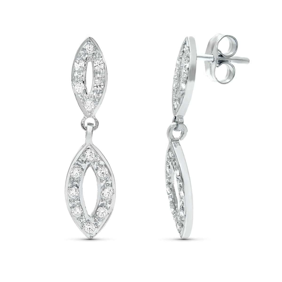 18K PENDIENTES DOS CUERPOS ORO BLANCO JUEGO NOVIA CIRCONITAS 25X6 MM PRESION