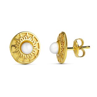 18K PENDIENTES ORO AMARILLO REDONDOS 9 MM PERLITA 3 MM